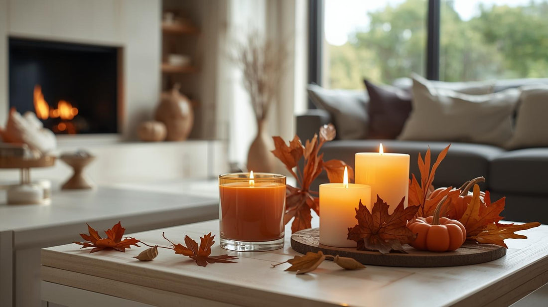 Cluster of fall-scented candles styled on coffee table